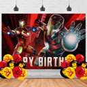 Iron Hero Man 7x5ft Happy Birthday Backdrop Cartoon Iron Hero Backdrop  Balloon Cartoon Background Hero Party Decoration Banner