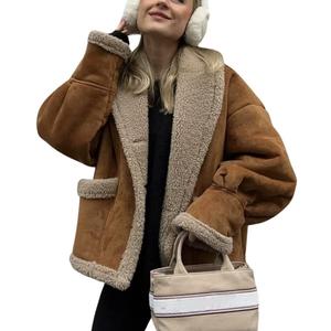 chouyatou Women's Winter Casual Faux Suede Leather Jacket Button Down Fuzzy Sherpa Lined Jacket Coat (Medium, Brown)