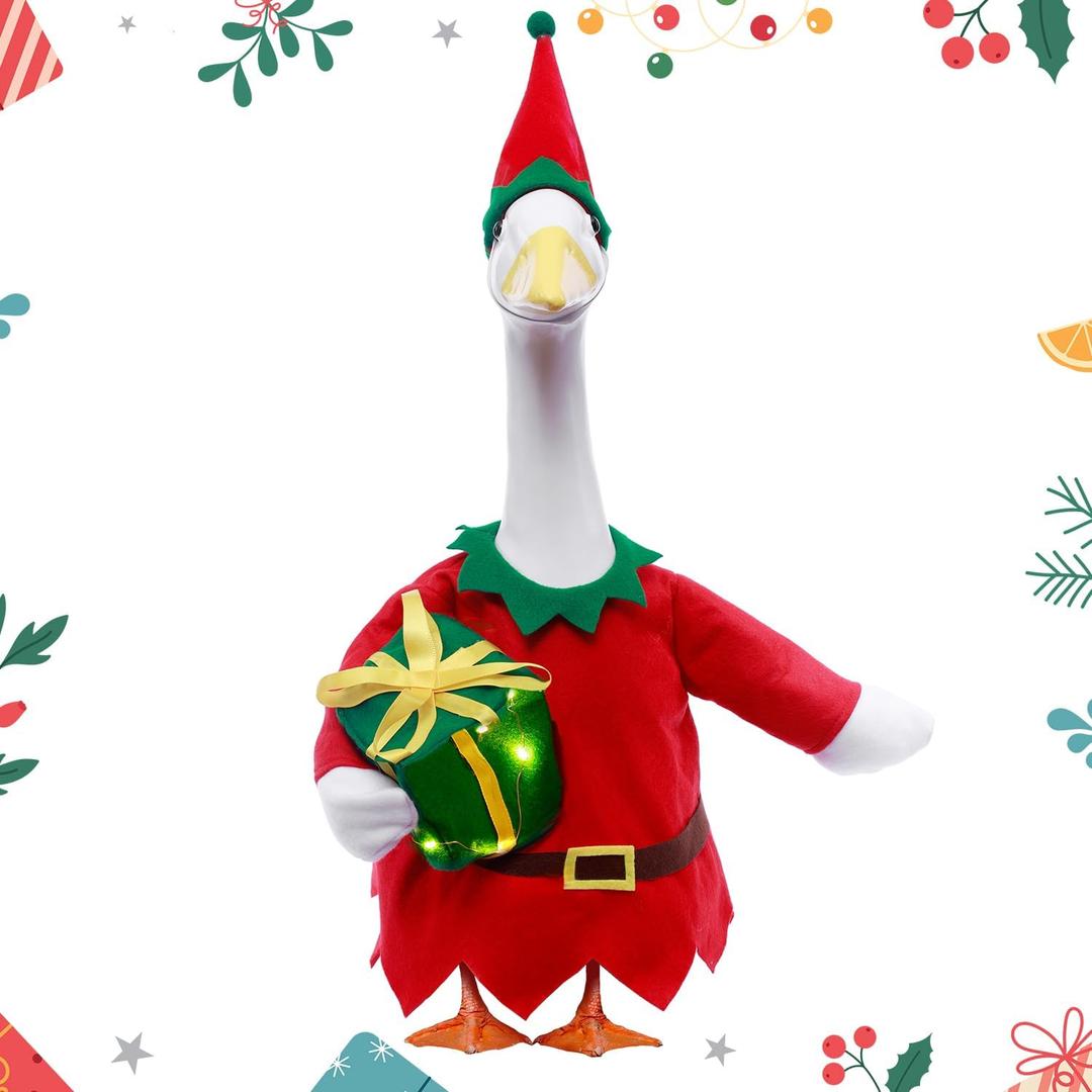Christmas Porch Goose Outfits,2 Pcs/Set Toy Soldier Style Goose Clothes with Pointed Hat and Gift Box Fits 23" Lawn Goose Statue,Red Christmas Outdoor Goose Costume,Yard Patio Garden Xmas Decor