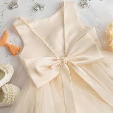 Flower Girl Dress Satin Tulle First Communion Dresses Wedding Party Gown Pearls with Bowknot, 9Y