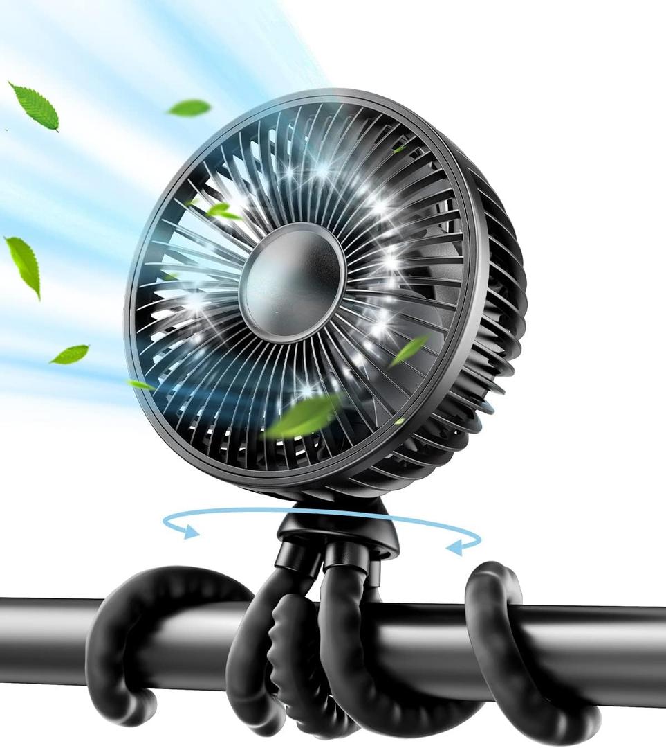 Gaiatop Baby Stroller Fan, 4000mAh Oscillating Mini Portable Fan with Light, 4 Speeds Battery Operated Small Handheld Desk Fan, 360 Rotate Flexible Tripod Clip On Fan for Car Seat Crib Travel Black