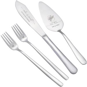 AW BRIDAL 4Pcs Wedding Cake Knife and Server set with Forks, Stainless Steel Engraved Cake Cutting and Pie Server Gifts for Bridal Shower Engagement, Silver (Silver-4Pcs)