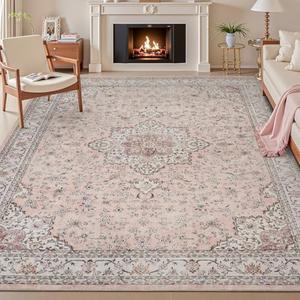 Washable Area Rug 4x6 - Rugs for Living Room Bedroom Non Slip Low Pile Floor Carpet Ultra Soft Vintage Rug for Dining Room Playroom Home Indoor Pink