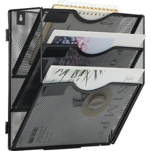 EasyPAG Wall File Holder Organizer 3 Pocket Mesh Hanging Wall Mounted Document Paper Folder Filing Magazine Rack with Nametag Label for Office Home School, Black