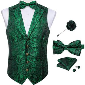 DiBanGu 5PCS Men's Suit Vest and Bow Tie Pocket Square Cufflinks Lapel Pin Set Shawl Collar Paisley Waistcoat Wedding Party (Small, Green)