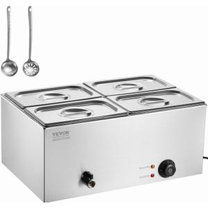 VEVOR 4-Pan Commercial Food Warmer, 24QT Electric Steam Table, 1200W Professional Countertop Stainless Steel Buffet Bain Marie with 86-185F Temp Control for Catering and Restaurants, Silver