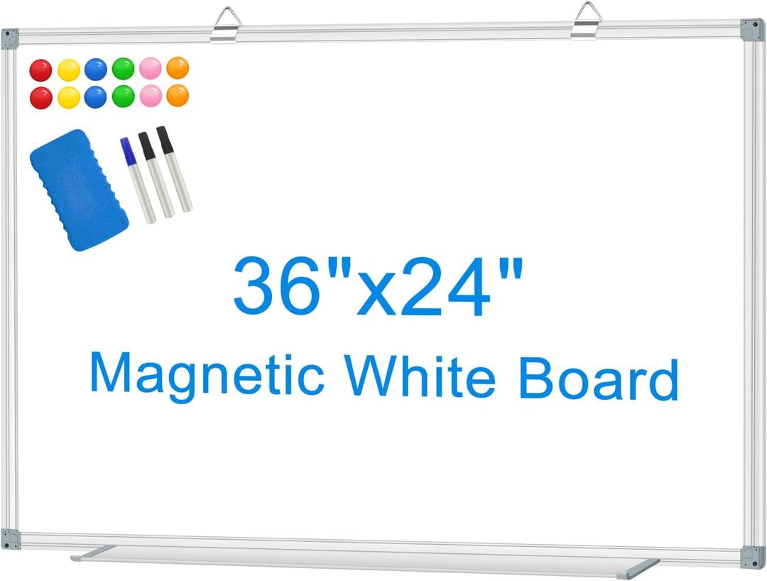 White Board Dry Erase Whiteboard for Wall 36" x 24" Aluminum Presentation Magnetic Whiteboards with Long Pen Tray, 12 Magnets, 3 Markers & 1 Eraser