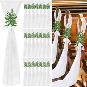 36 Pcs Wedding Aisle Chair Decorations White Chair Sashes Aisle Pew Ribbons Sash Bow with Artificial Italian Ruscus Chiffon for Ceremony Seat Back Floral Reception Church Party Outdoor