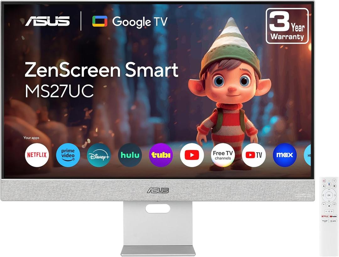 ASUS ZenScreen 27” 4K USB-C Smart Monitor (MS27UC) - UHD (3840 x 2160) IPS, 99% sRGB, GoogleTV, Harman Kardon Speakers, USB-C 90W PD, USB Hub, Wireless Display, Netflix and YouTube