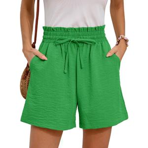 Summer High Waist Wide Leg Elastic Drawstring Shorts with Pockets (Green, XXL)