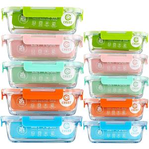 C CREST [10-Pack Glass Food Storage Containers (A Set of Five Colors), Meal Prep Containers with Lids for Kitchen, Home Use - Airtight Glass Lunch Boxes