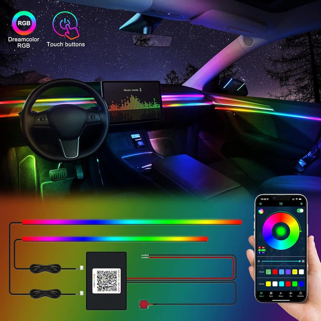Acrylic Interior Car LED Strip Light with Wireless APP, RGB Dreamcolor 2 in 1 Ambient Lighting Kits, 16 Million Colors Sound Active Function Car Neon Lights, Sync to Music (Dreamcolor 2 in 1)