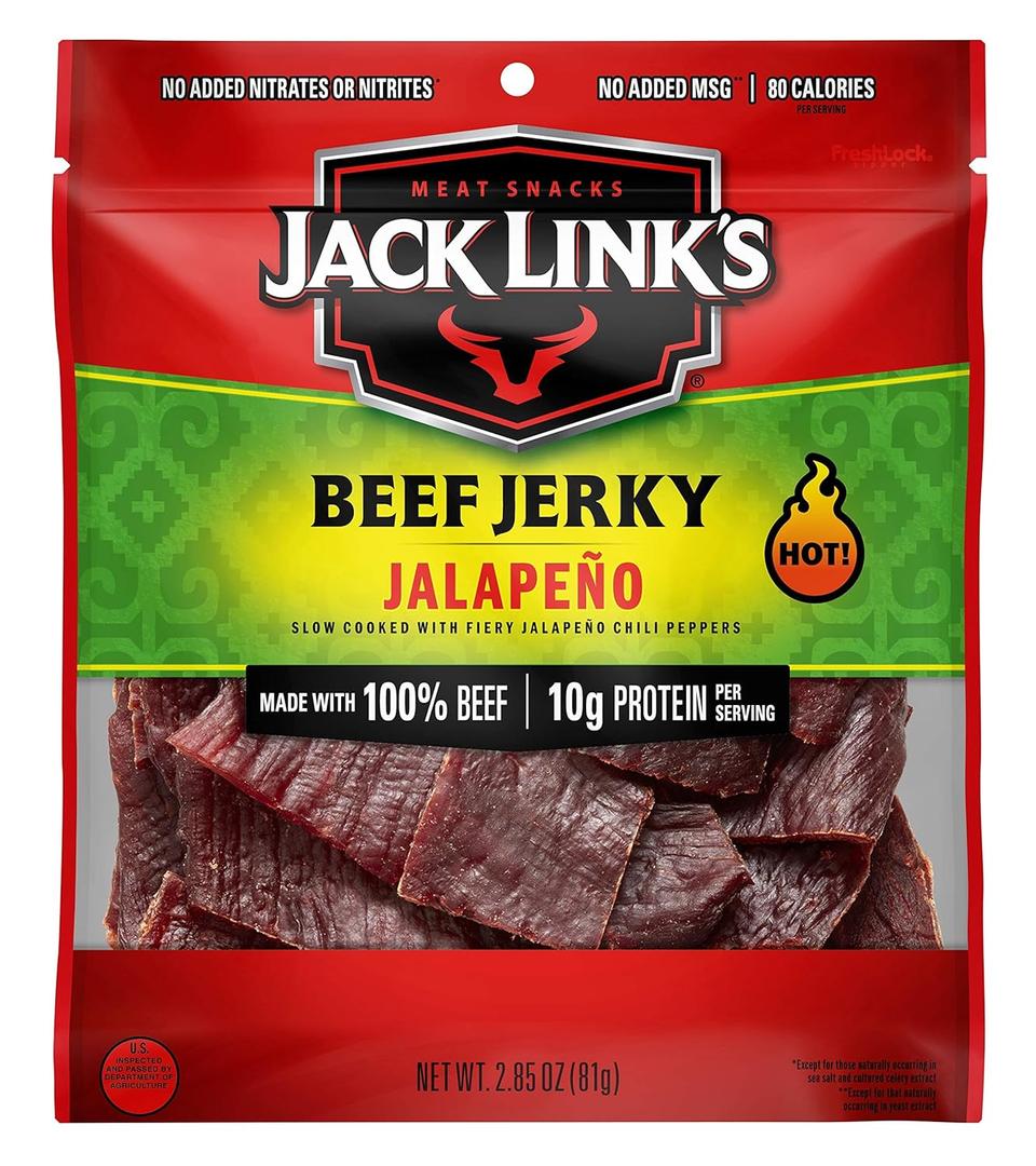 Jack Link's Beef Jerky, Jalapeno Flavorful Meat Snack, Ready to Eat Protein Snack with 10g of Protein and 80 Calories per Serving, Made with 100% Beef, Keto Friendly, 2.85 Oz. (BBD-05/17/2026)