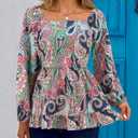 Womens Square Neck Floral Long Sleeve Tops Casual Loose Puff Sleeve Boho Work Blouse T Shirts (Medium, C1002)