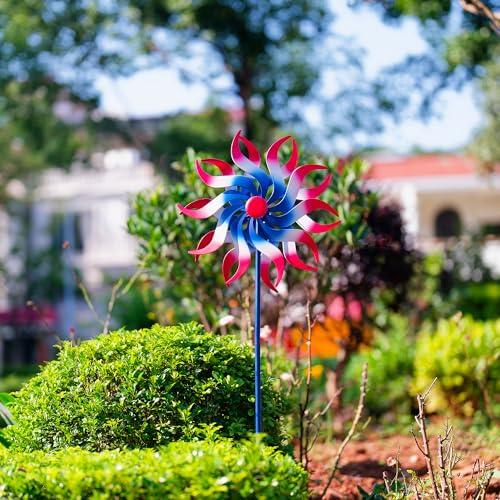 VEWOGIFT Wind Spinners Outdoor, 15 Inch Dia Metal Wind Sculpture & Spinner, Red White Blue Patriotic Kinetic Windmill for Garden Yard, 4th of July Independence Day Decor, 58" Tall