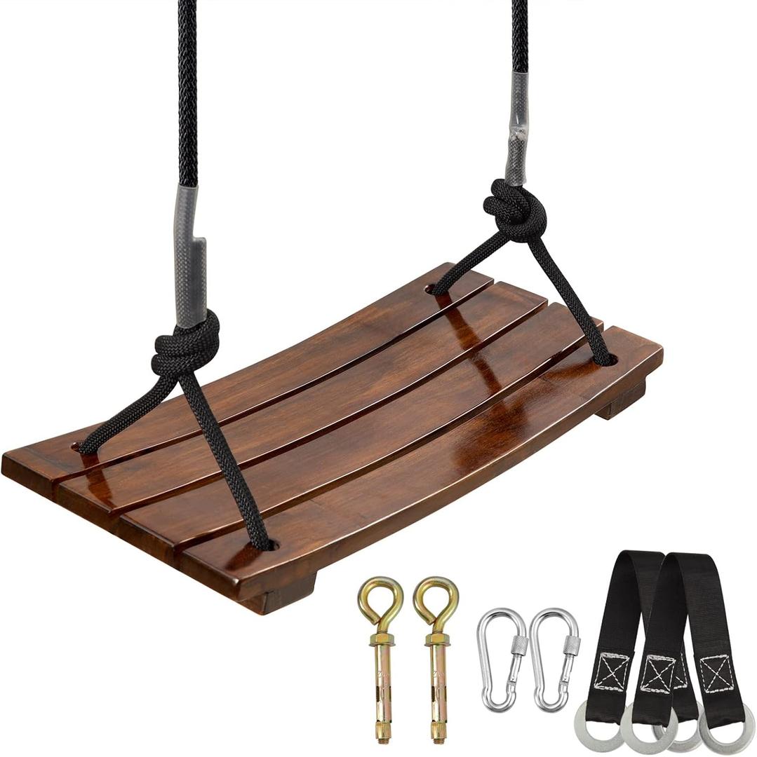PELLOR Wood Swing Seat, Carbonized Hanging Wood Tree Swing 16.9 x7.9 x0.5 in for Adult Kids Children Anticorrosive & 100% Waterproof Wooden Swing Set 440lbs Load Indoor Outdoor Backyard Play (Brown)
