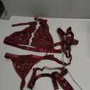 Foxiny Sexy Halter Heart Ring Cutout Chain Floral Lace Sheer Garter Belt Lingerie Set 3 Piece Medium, Wine Red 