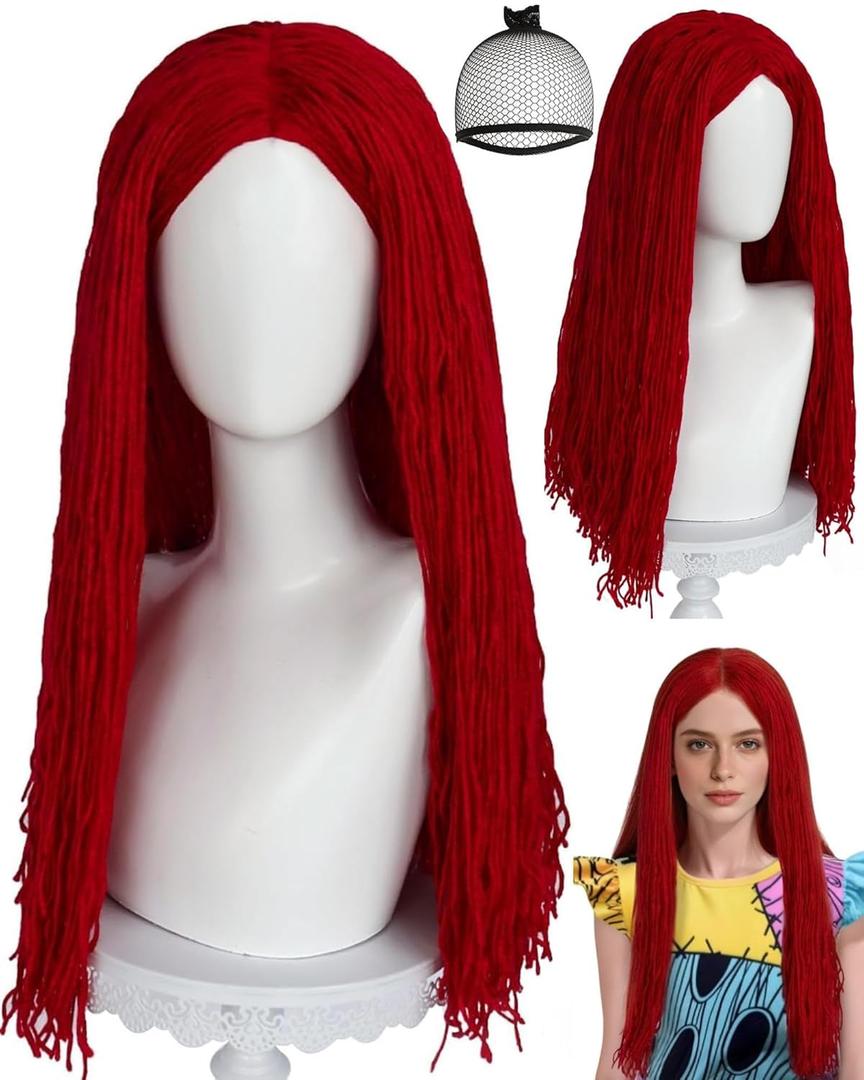 ANOGOL Hair Cap+Sally Wig Sally Cosplay Costume Wigs Long Straight Dark Red Yarn Wig Red Cosplay Wigs Nightmare Cartoon Anime Outfit for Halloween Party Birthday Party Costume for Women