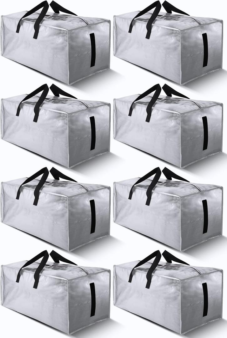 8 Pack Large Strong Bags with Zippers & Carrying Handles - Water-Resistant - Heavy Duty Storage Tote for Space Saving Storage, Fold Flat, Alternative to Moving Box (Silver)