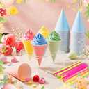 Honeydak 200 Pcs 6 oz Snow Cone Cups with 8 Inch Spoon Straw Spring Pastel Leakproof Paper Cone Water Cups Disposable Colorful Shave Ice Cream Bowl for Slush Shaved Ice Cream Sorbet Water, 4.72 x 3.35 inches