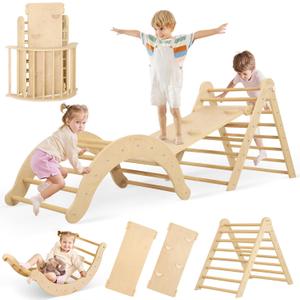 7-in-1 Climbing Toys for Toddlers 1-3 Inside, Foldable Wooden Montessori Climbing Set Indoor, Pikler Triangle Set with Arch, Ramp & Ladder - Natural
