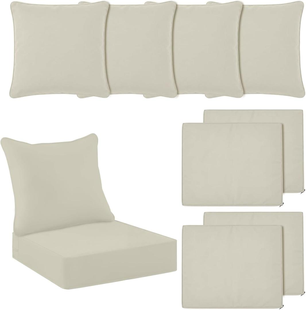 Tingjoo 4 Set 24x24x4 Inch Outdoor Chair Cushions Covers, Waterproof UV Resistant Patio Cushion Replacement Seat Slipcovers, and 24 x 20 Back Covers with Zipper for Furniture, Deep Seat Sofa (Beige)