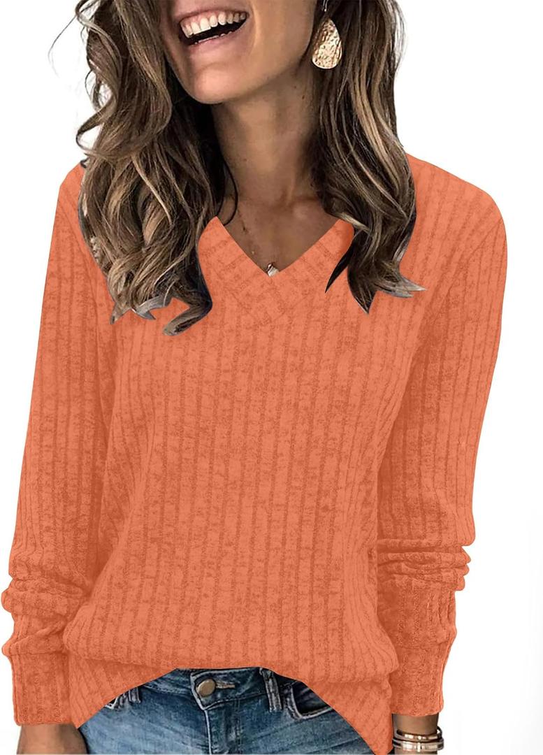 Sampeel V Neck Long Sleeve Shirts for Women Casual Fall Tops Lightweight Tunic Sweaters Fashion Clothes Loose Fit 2025 (Orange, XXL)