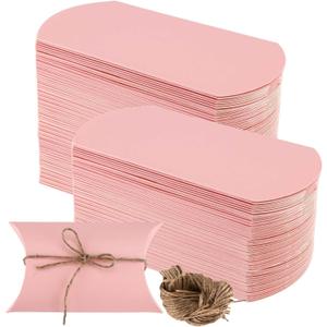 SEUNMUK 150 Pack 5.1 x 3.5 Inches Pink Pillow Boxes, Kraft Paper Gift Boxes with Jute Twines, Pink Pillow Candy Box Gift Box Party Wedding Favor for Anniversary, Birthday, Shower, Halloween