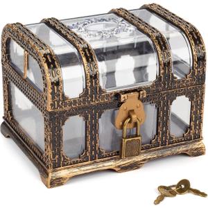 Plastic Transparent Antique Pirate Treasure Box with Lock and Key, Treasure Toy Box Prizes for Kids, Pirate Party Decor (transparent antique chest 3)