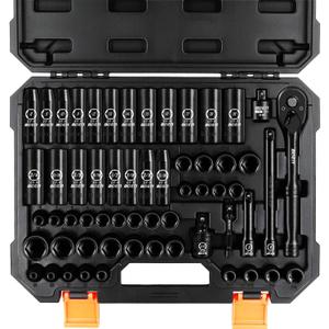 BOEN 3/8" Drive Impact Socket Set, 59-Piece Standard SAE (5/16 to 3/4 inch) and Metric (6-22mm), Include 9-Piece E-Torx Socket Set (E5-E16) 丨Ratchet Handle, Extension Bar, Universal Joint, Adapter