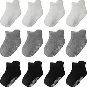 Baby Toddler Socks Grip Non Slip Boys Girls Cotton 12 Pack for Kids Ankle Cute Socks (3-5T, Mixed Wgb)