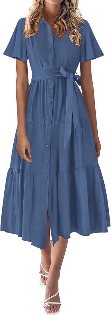 KIRUNDO Summer Button Down Wedding Guest Shirt Dresses for Women Maxi Flutter Short Sleeve Flowy Tiered Beach Sun Dress (S)
