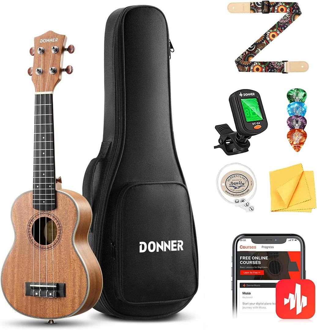 Donner Soprano Ukulele Mahogany Wood 21 inch Ukelele Beginner Kit with Free Online Lesson Gig Bag Strap Nylon String Tuner Picks Ukalalee Yukalalee Bundle Pack DUS-200