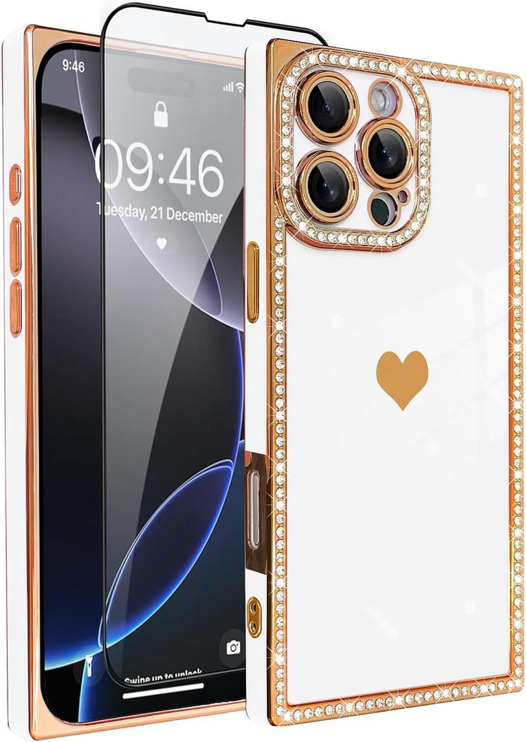 for iPhone 16 Pro Max Case Cute Love Heart Plating for Women, with Screen Protector, Glitter Sparkle Rhinestone Diamond Border Design Slim Rectangle Wireless Protection Case Cover, White