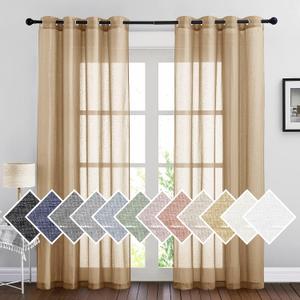 NICETOWN Sheer Linen Curtains Flax Texture 84 inch Length, Grommet Semi Sheer Window Treatments Privacy with Light Filtering Drapes for Bedroom/Living Room, Camel, W52 x L84, 2 Panels