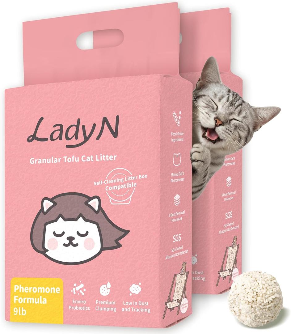 Lady N Cat Attract Tofu Litter  Natural Attractant Formula for Litter Box Training, Calming Pheromone for Multi-Cat Homes, Granular Mini-Pellet Shape for Self-Cleaning Box, 18lb (9lb x 2bags)