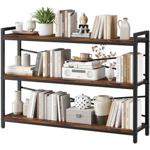 3 Tier Bookshelf 47.24" Width, Wood and Metal Etagere Bookcase, Vintage Farmhouse Modern Wooden Large Book Shelf for Home Living Room Bedroom Office Storage(Rustic Brown)