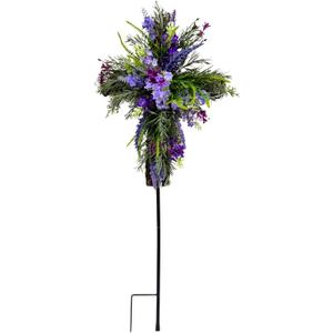 Solar Lavender Cross Memorial Stake Lighted Religious Yard Decoration Cemetery Stake with Purple Lavender Wildflowers Religious Purple Floral Cross Arrangement for Memorial Tribute