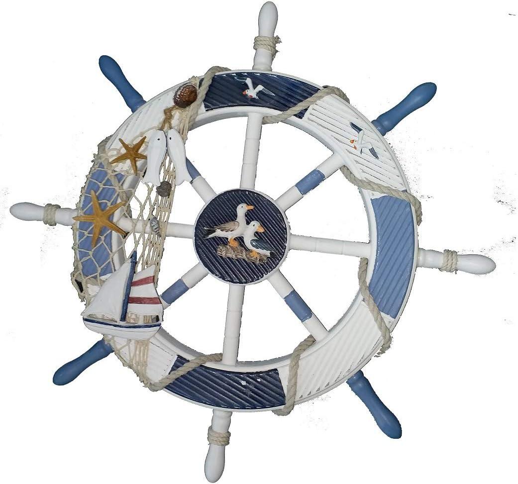Gesteh Nautical Beach Wooden Boat Ship Steering Wheel Fishing Net Shell Home Wall Decor (18 inches)