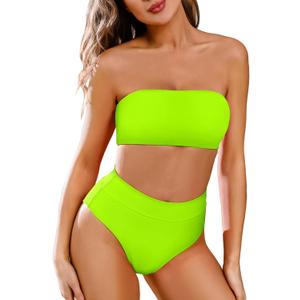 Pink Queen Women's Removable Strap Wrap Pad Cheeky High Waist Bikini Set Swimsuit (01 - Neon Green Large)