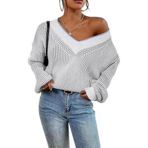 Women's Oversized Striped V Neck Sweater 2024 Fall Long Sleeve Knit Color Block Sweaters Casual Trendy Pullover Top Size L
