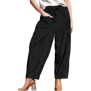 Women’s Corduroy Pants Baggy Wide Leg Pants Casual Elastic Waisted Palazzo Harem Pants with Pockets Black,S