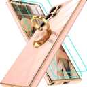 for Samsung Galaxy S22 Ultra Case: with 2Pcs Screen Protector, 360 Rotation Ring Holder Magnetic Kickstand, Plating Gold Edge Soft TPU Shockproof Protective Cover for S22 Ultra, Pink