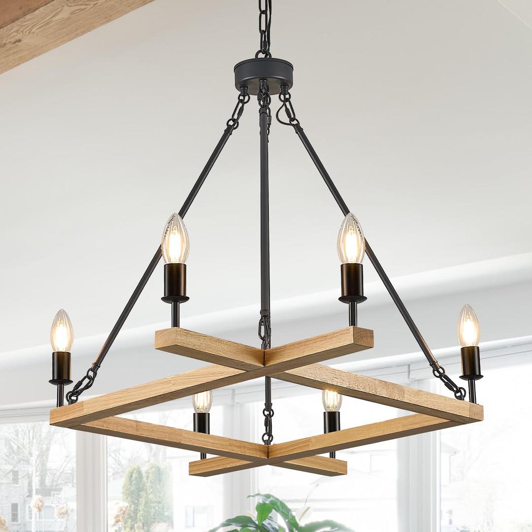 L45'' Natural Farmhouse Square Wood Chandeliers Rustic 6-Light Unique Rectangular Candle Chandelier Long Ceiling Pendant Light for High Ceiling Living Dining Room Foyer Kitchen Island,E12