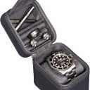 ROTHWELL Single Watch Travel Case with Accessory Compartment | Compact PU Leather Protective Box with Microsuede Interior | Fits Watches & Smartwatches Up to 55mm | Accessory Lid for Jewelry (Carbon)