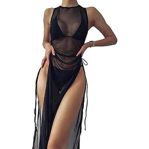 Verdusa Women's Swimsuit Mesh Cover Up High Split Drawstring Bikini Long Dress L