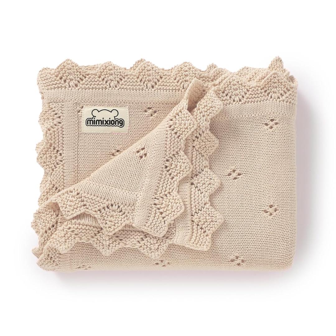 mimixiong Cotton Baby Blanket Knitted Crochet Receiving Crib Nursery Swaddling Blankets for Newborn Baby Boy Girl 30x40 Inch (Oatmeal)
