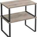 SONGMICS Cabinet Organizer Shelf, Set of 2 Kitchen Counter Shelves, Kitchen Storage, Spice Rack, Stackable, Expandable, Metal and Engineered Wood, Ink Black and Heather Greige UKCS020X02