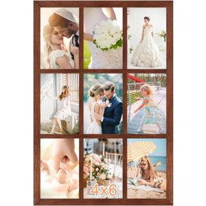 4x6 Oak Wood Picture Frames Collage Wall Decor Brown, Solid Oak Wooden Family Photo Collage Frame 9 Openings, Glass Front, Wall Hanging Display 9 4x6 Pictures (11.5x17.5-9 openings)