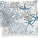 Tritard Nautical Coastal Throw Pillow Covers 12x20 Inches Set of 2 Beach Themed Ocean Seashell Coral Starfish Velvet Couch Lumbar Pillow Cover Outdoor Sofa Cushion Cover for Bedroom Living Room, Blue